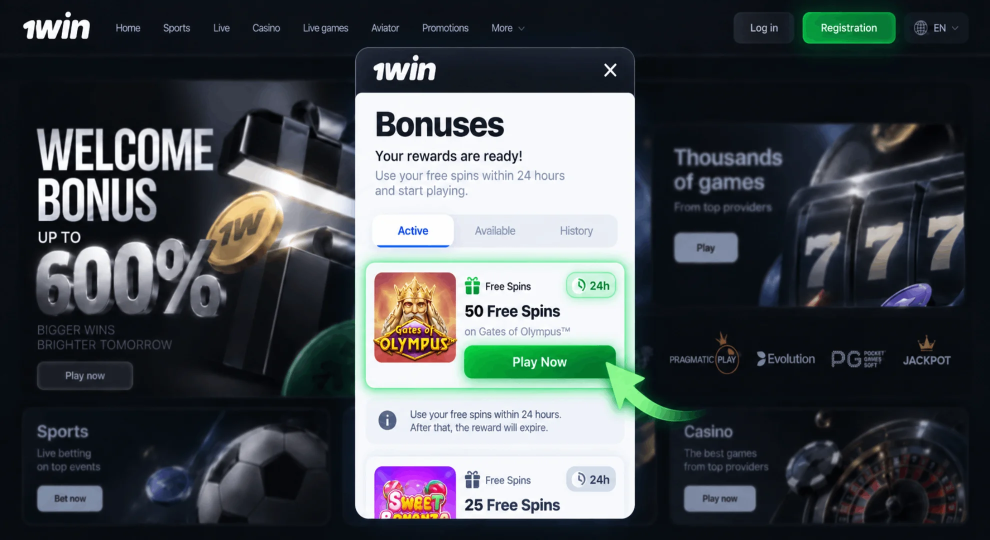 Use the free spins within 24 hours